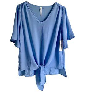 NY Collection Women's Elbow Sleeve V Neck Tie Front Blue Top Large NEW NWT